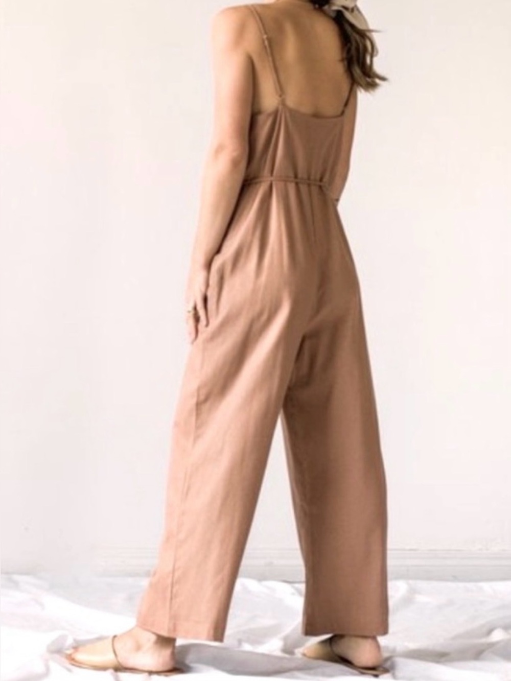 OZMA 100% Silk Sleeveless Button-Front Wide-Leg Jumpsuit in Sand Size Medium - Picture 2 of 15
